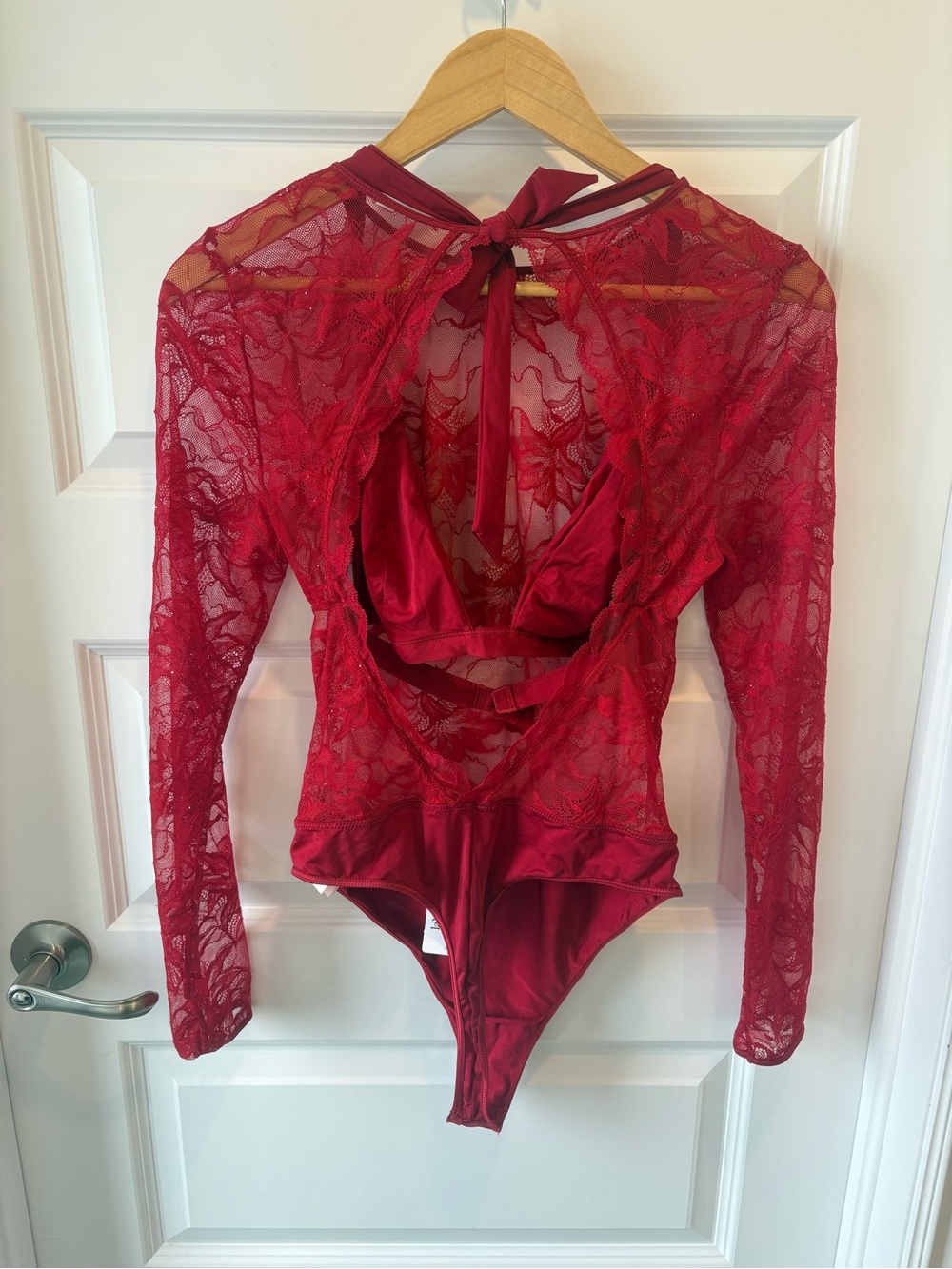 La Vie En Rose Red Lace Sheer Long-Sleeve Bodysuit - Picture 2 of 12
